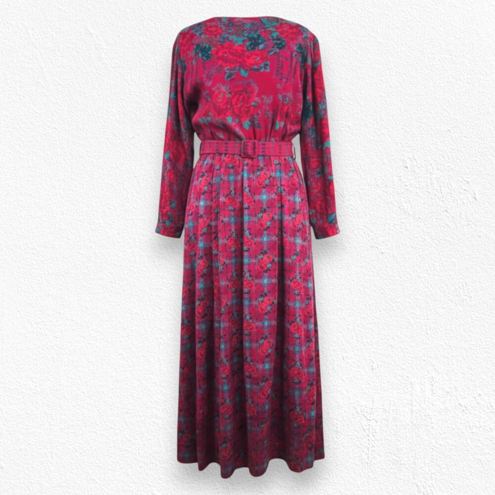 Vintage Halston III Silk Floral Red Pink Teal Plaid Belted Midi Dress Size 4 USA